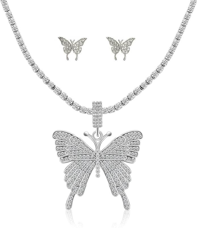 NEEBAOLY Crystal Necklace Choker Butterfly Necklaces for Women Rhinestone Chain Necklace Earrings Se | Amazon (US)