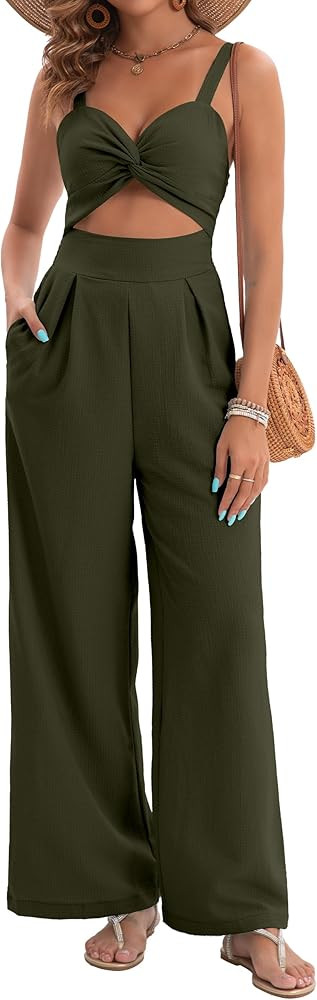 Womens Summer Jumpsuits Dressy Sexy V Neck Twist One Piece Outfits Sleeveless Casual Wide Leg Lon... | Amazon (US)