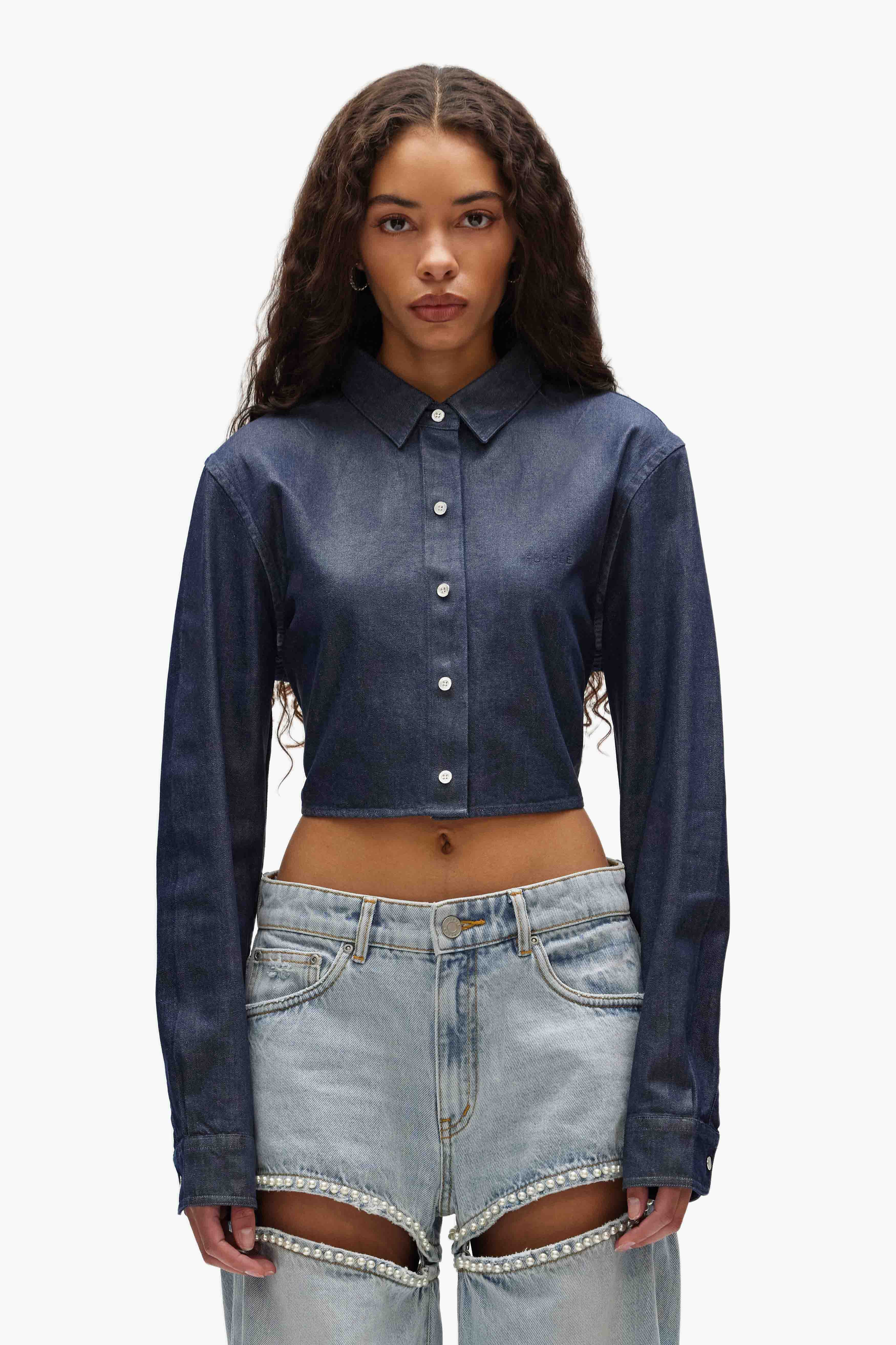 Purple Brand Pearl Button Up Shirt in Dark Indigo, Size XXS | Purple Brand