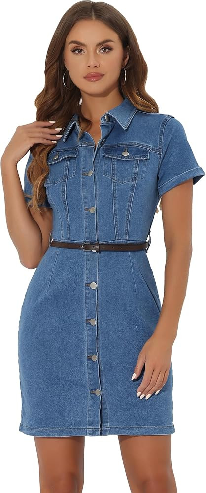 Allegra K Women's Denim Shirt Dress Collar Short Sleeve Belted Button Up Jean Dresses | Amazon (US)