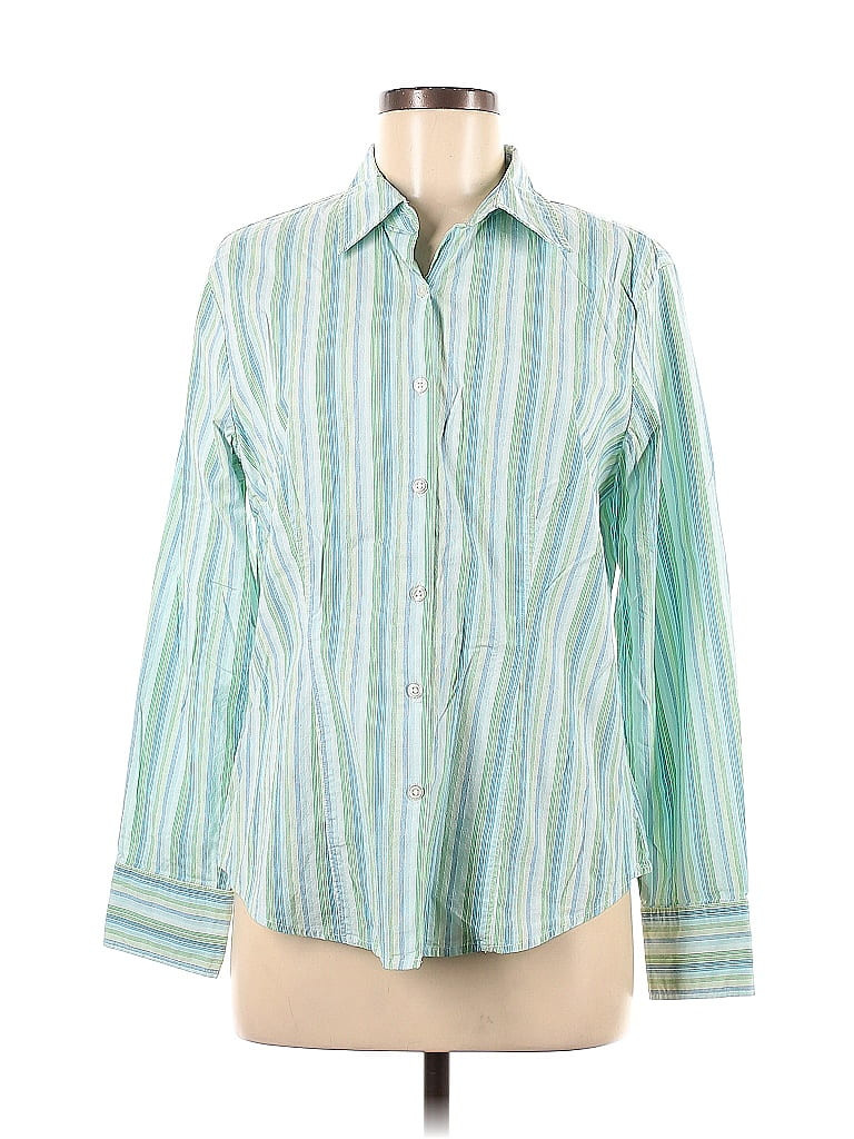 Style & Co Long Sleeve Button Down Shirt: Green Stripes Tops - Size Medium | ThredUp