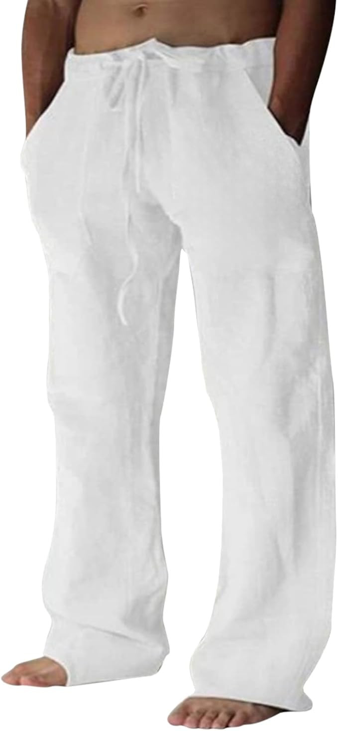 Puimentiua Cotton Linen Pants Men Casual Loose Fit Elastic Drawstring Waist Summer Beach Pants | Amazon (US)