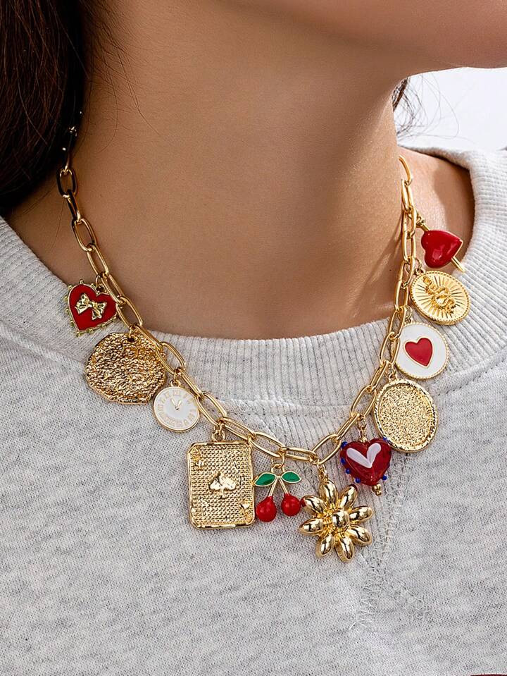 1pc Fashionable Multi-Pendant Necklace With Cherry, Heart, Glass Beads, Clock Charm, Suitable For Daily Wear, Necklace (Handmade Glass, Colors & Patterns May Vary Slightly) Valentines,Mom,Mother,Mother's Day,Gift | SHEIN