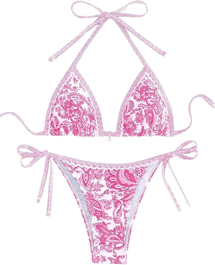 WDIRARA Women's 2 Piece Boho Swimsuits Floral Print Halter String Triangle Bikini Set Beach Bathi... | Amazon (US)