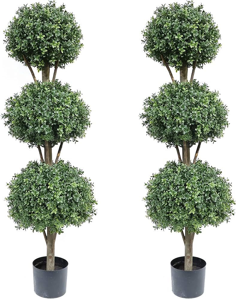 Two 56 Inch Outdoor Artificial Boxwood Triple Ball Set of 2 Topiary Trees Potted Plants Artificia... | Amazon (US)