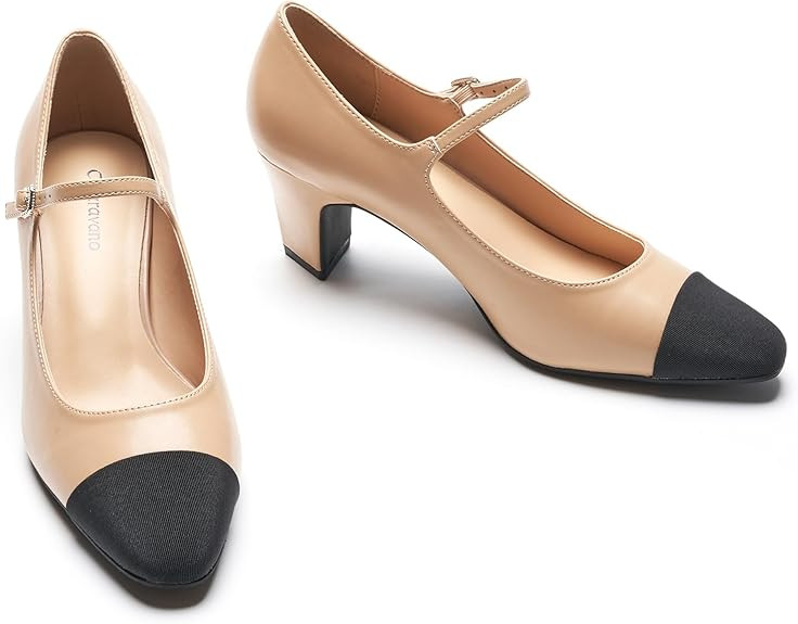 C.Paravano Mary Jane Pumps Women 's Pumps Closed Almond Toe Block Heels Adjustable Strap Office W... | Amazon (US)