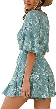Bonkwa Women's Casual Rompers Floral Print Mid Sleeves Waist Tie Romper Ruffle Hem Deep V-Neck Sh... | Amazon (US)