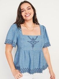 Chambray Flutter-Sleeve Embroidered Tie-Back Top for Women | Old Navy (US)
