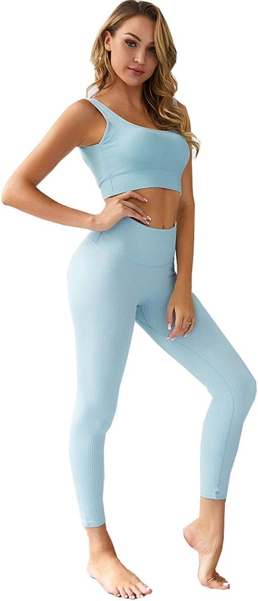 Women Active Wear Workout 2 Piece Set Ribbed Seamless Leggings Sports Bra Set | Amazon (US)