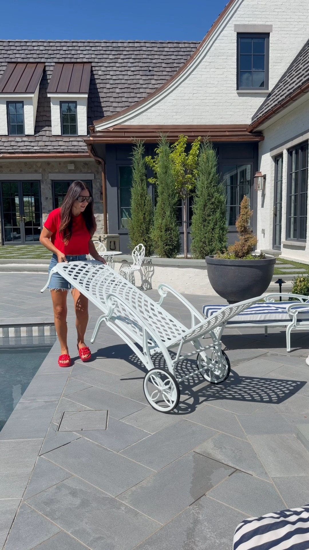 Rolling pool chaise chairs with striped cushions and scallop umbrella. All on sale for Black Friday  in July. 

#ad #wayfairpartner  #wayfair

#LTKHome #LTKSaleAlert