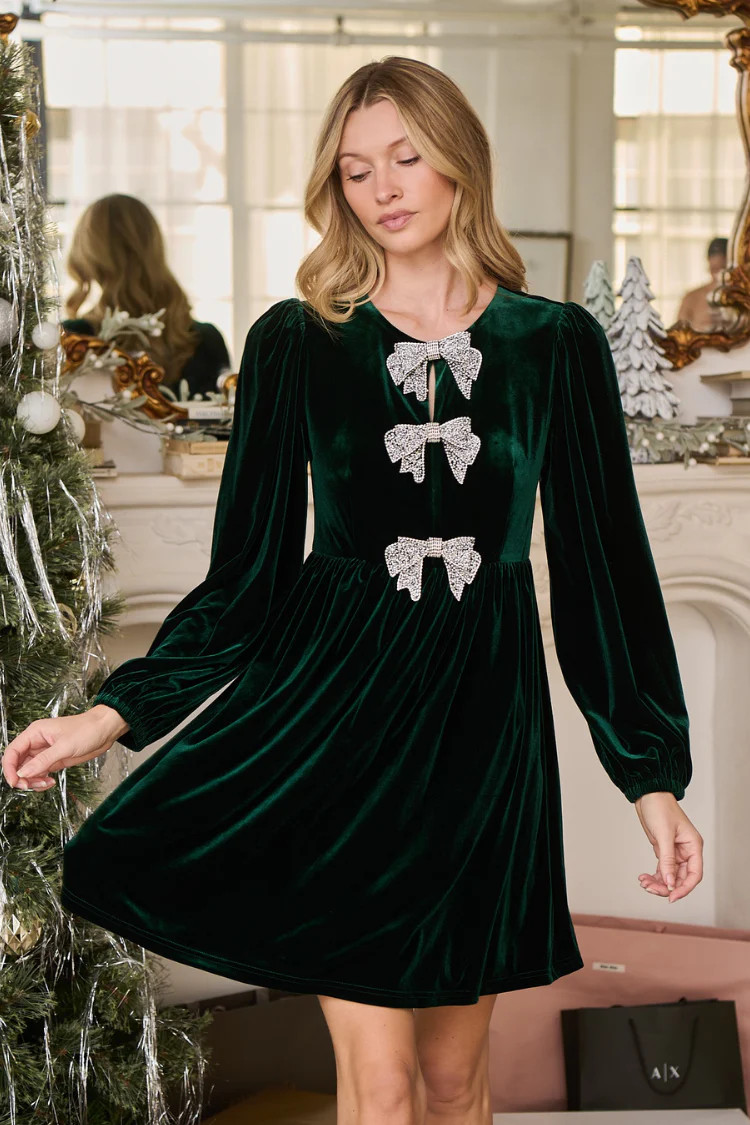Brigette Bow Velvet Mini Dress - Green | Confête