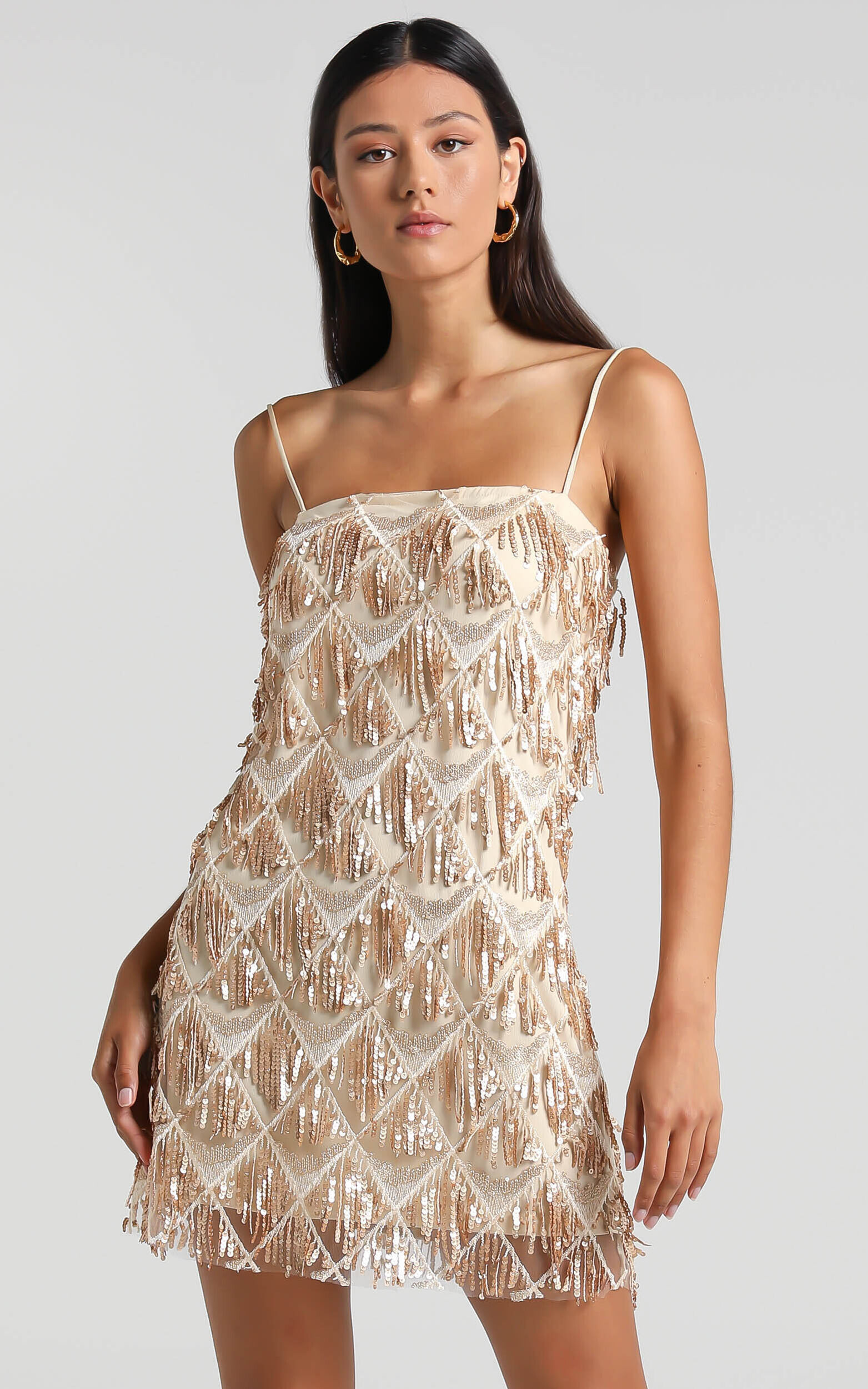 SHOOK MINI DRESS - CAMI SEQUIN FRINGE DRESS IN CHAMPAGNE SEQUIN | Showpo (ANZ)