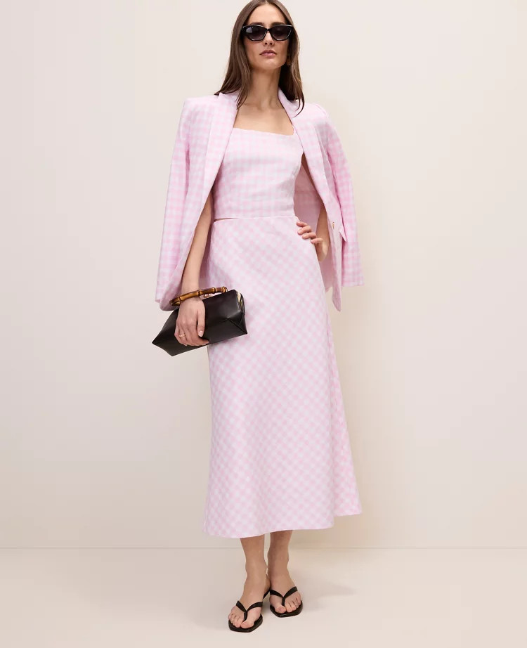 Gingham Linen Blend Midi Slip Skirt | Ann Taylor