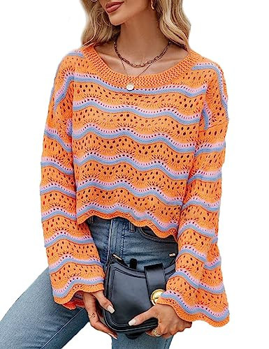 Lemon Girl Hollow Out Knit Stripe Sweaters Tops Dolman Sleeves Pullovers Loose Pullover Top | Amazon (US)