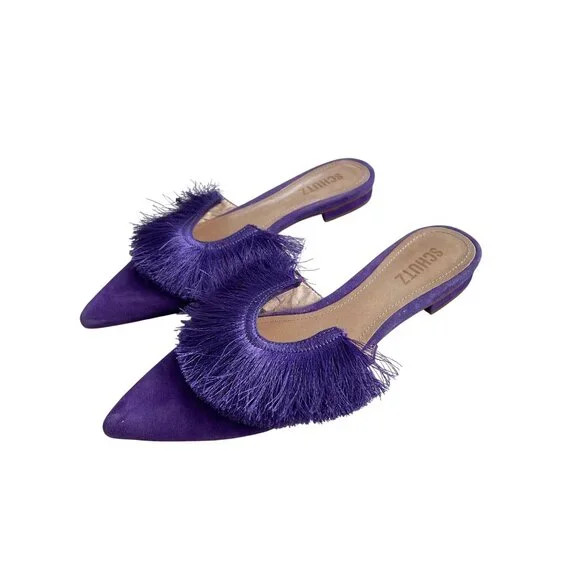 Schutz Brenle Fringe Point Toe Mule Women's 8B Purple Fringe Slip On Flat | Poshmark