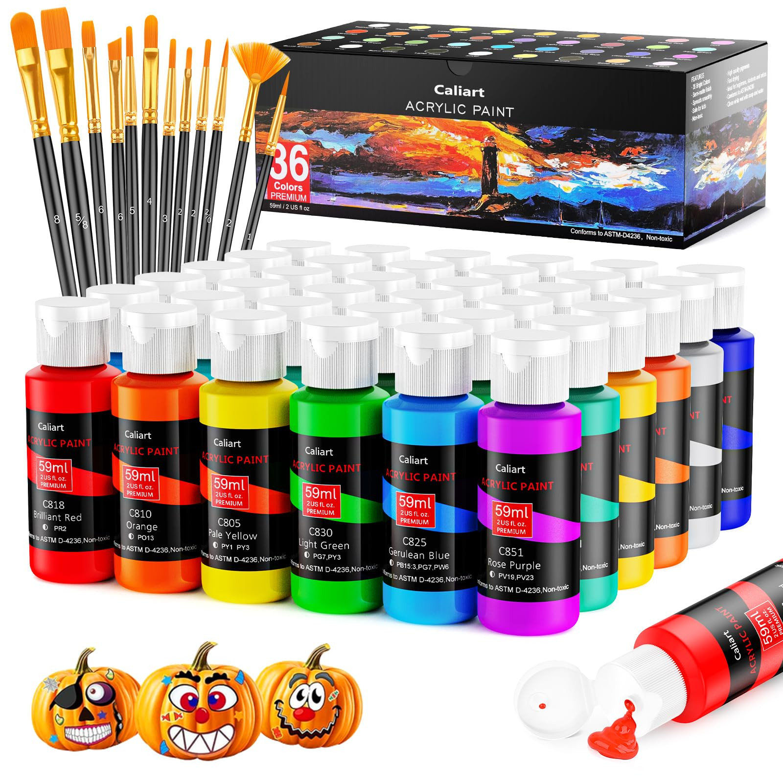 Caliart Acrylic Paint Set with 12 Brushes, 36 Colors (59ml, 2oz) Art Craft Paints Gifts for Artis... | Amazon (US)