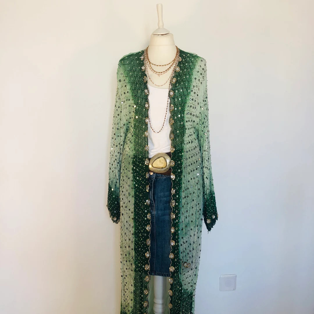 Boho Handmade Kimono,unique Sequinned Jacket,long Silk Duster,beaded Party Coat,hippie Goddess,on... | Etsy (US)