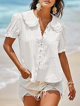 Tankaneo Womens Puff Sleeve Shirts Peter Pan Collar Button Down Cotton Blouse Casual Summer Textu... | Amazon (US)