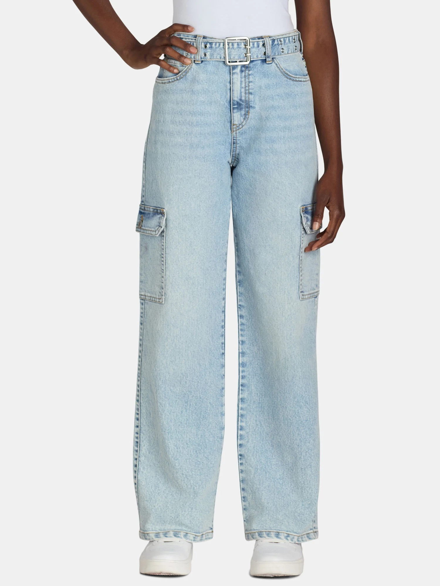 No Boundaries Straight Leg Cargo Jeans with Grommet Belt, 31” Inseam, Women’s | Walmart (US)