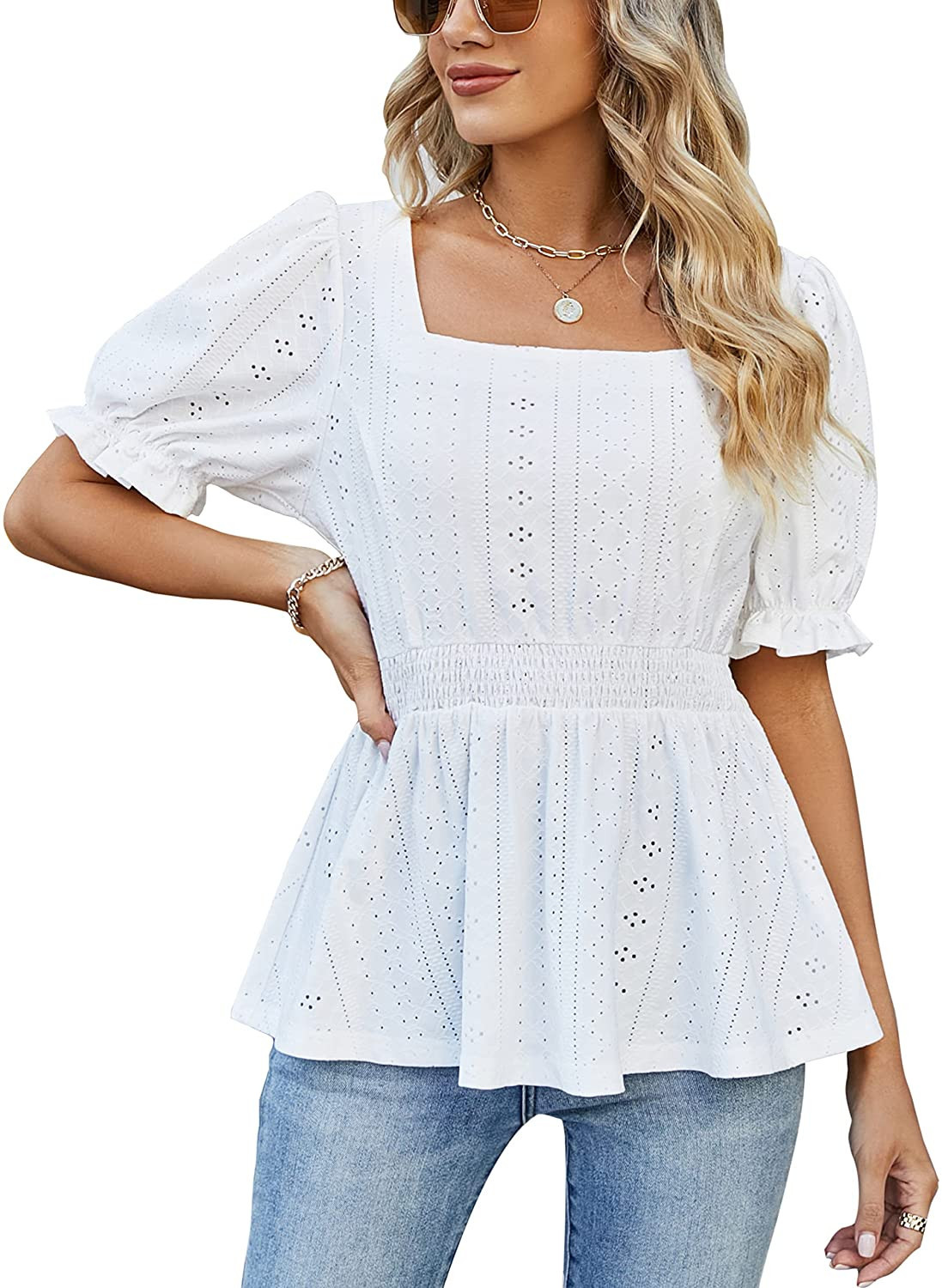 Blooming Jelly Womens Business Casual Tops Square Neck Puff Sleeve Babydoll Blouse Eyelet Smocked... | Amazon (US)