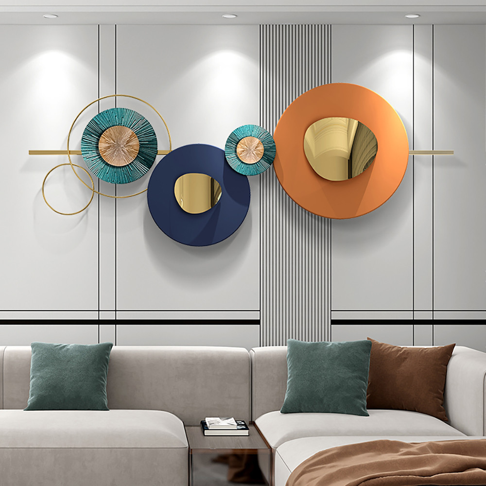 Modern Round Metal Wall Art 59"" x 23"" Geometric Decor in Orange & Gold & Blue Living Room | Homary