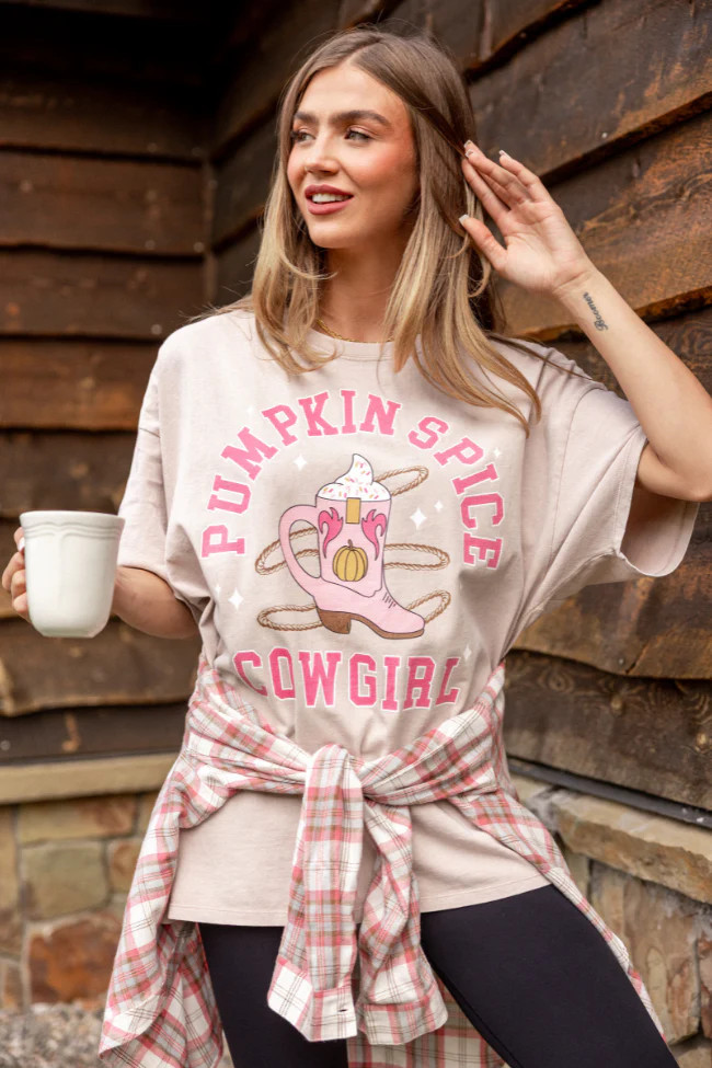 Pumpkin Spice Cowgirl Taupe Oversized Graphic Tee | Pink Lily