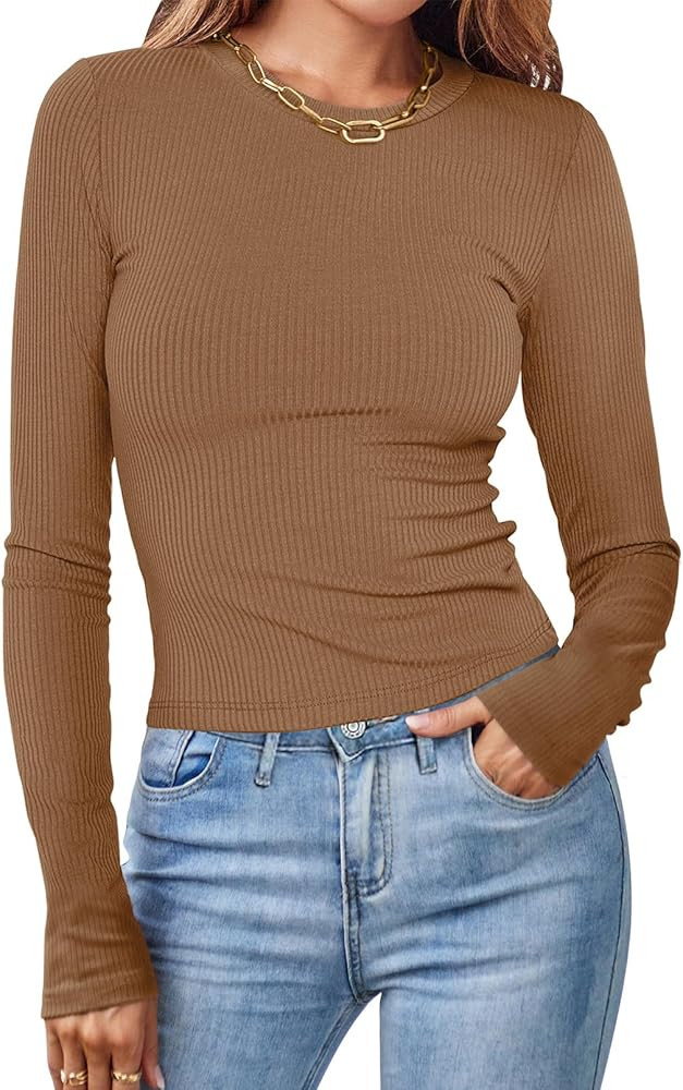MEROKEETY Women's Long Sleeve Slim Fit Crop Shirt Ribbed Knit Tops Casual Round Neck Y2K Tees | Amazon (US)