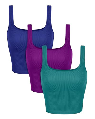 ODODOS 3-Pack Seamless Square Neck Tank for Women Ribbed Knit Soft Low Back Sleeveless Tops, Waist Length, Phlox+Sea Green+Lapis, Medium/Large | Amazon (US)