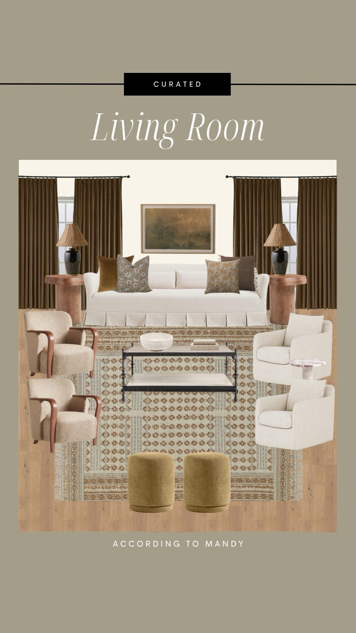 Curated Living Room // some color and pattern for Spring! 

living room styling, living room design, living room mood board, living room inspo, neutral living room, neutral design, spring colors,  earthy modern, art, lulu & georgia, jake arnold, modern rustic, coffee table, marble and iron coffee table, lamp, accent chair, upholstered couch

#LTKstyletip #LTKhome