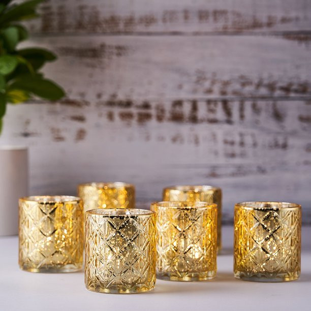 Efavormart 6 Pack Antique Gold Mercury Glass Candle Holders, Votive Tealight Holders With Geometr... | Walmart (US)