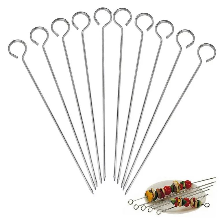 10 Pc Metal BBQ Skewers 9.8"L Stainless Steel Cooking Barbecue Kebab Grill Stick | Walmart (US)