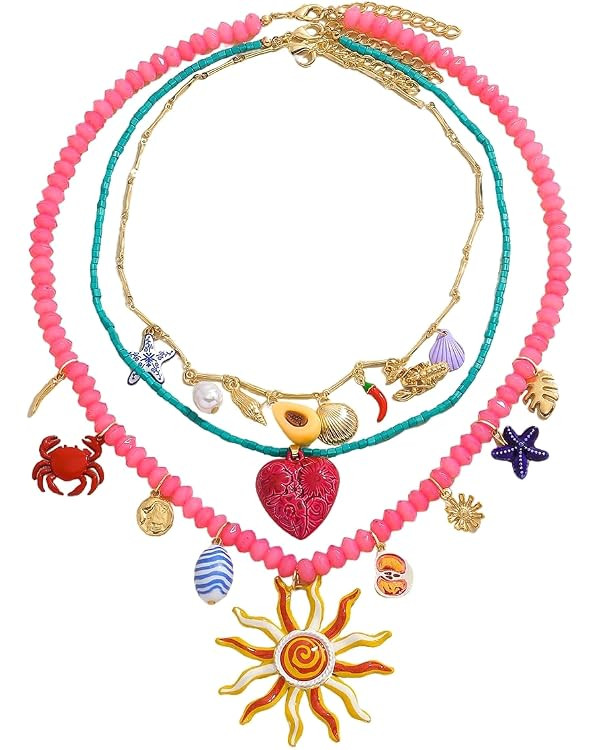 Stylish Double Layered Rope Necklace for Women, Multi-Layer Egg Flower Printed Fish Porcelain Pen... | Amazon (US)