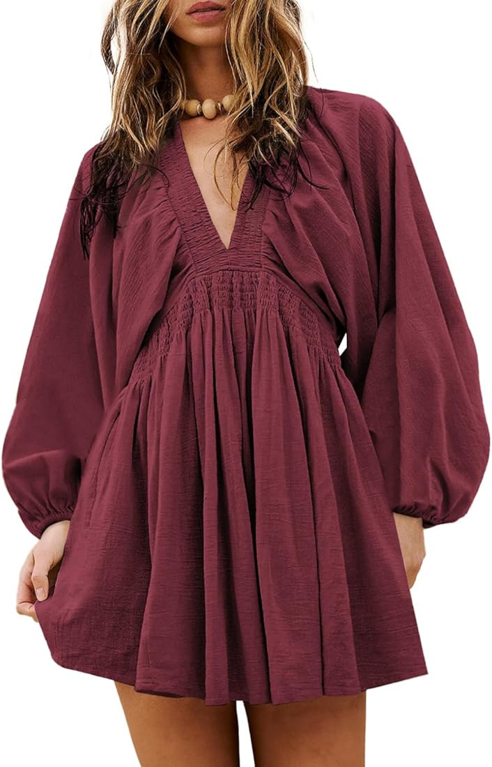 Acelitt Womens Fall Long Sleeve V Neck Tunic Dress Casual Loose Flowy Swing Shift Mini Dresses | Amazon (US)