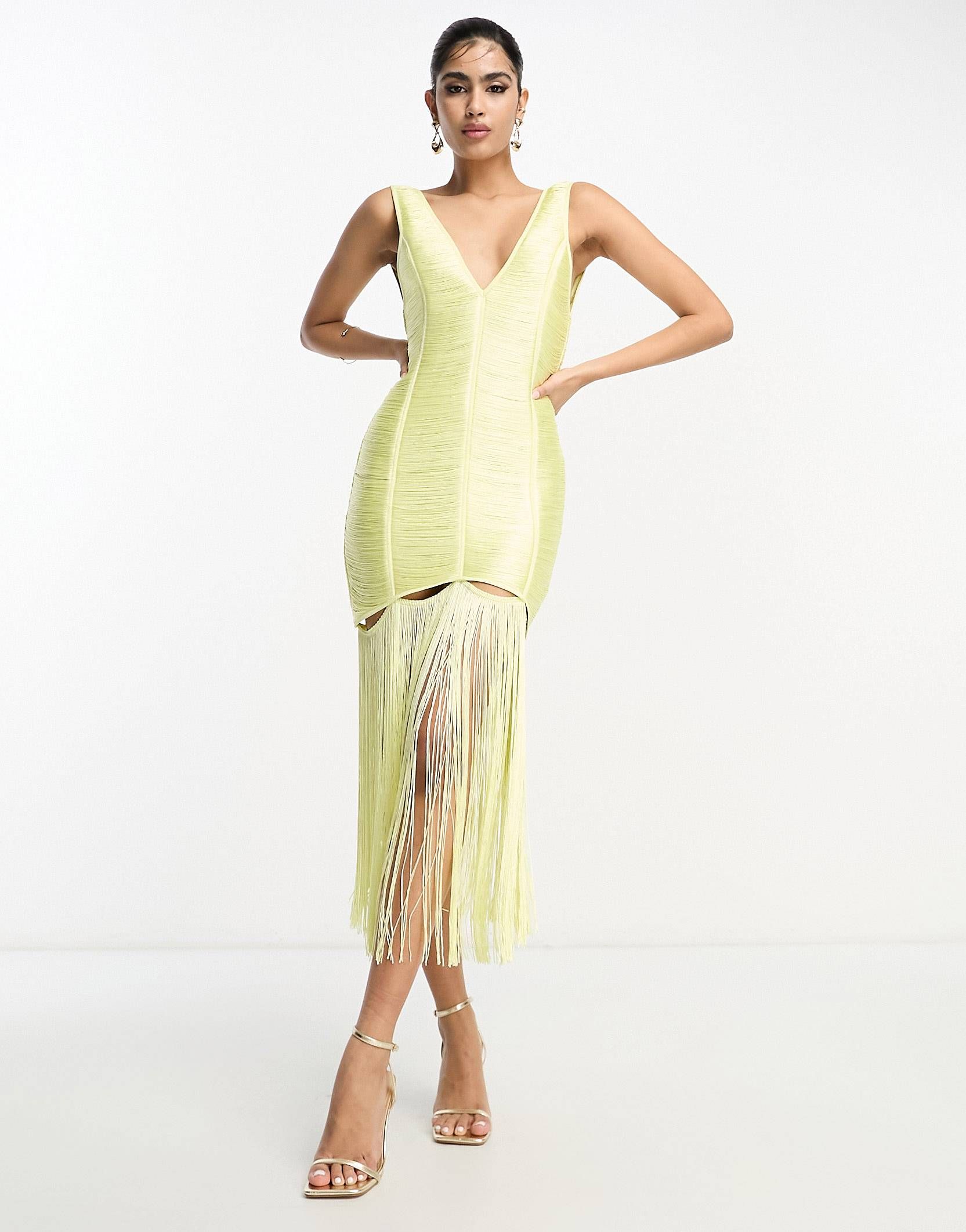 ASOS DESIGN fringe shift midi dress with cut out detail in yellow | ASOS (Global)