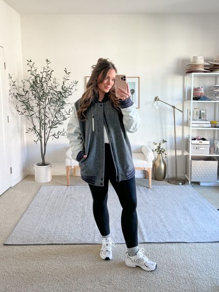 Ive been into varsity bombers lately✨ Styled this one over leggings and a simple basic white tee and three on my new new balance sneakers that are so comfy! M tee, small leggings, jacket is old, linked similar below! 

#LTKshoecrush #LTKmidsize #LTKfindsunder100