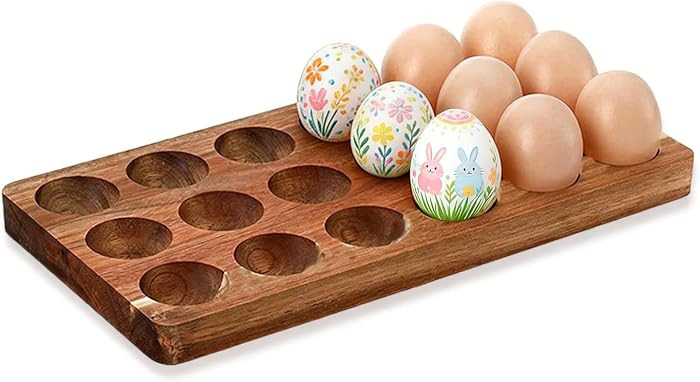 Acacia Wood Egg Holder for 18 Eggs, Rustic Countertop and Refrigerator Storage Tray, Farmhouse Ki... | Amazon (US)