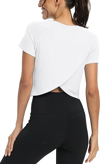 Mippo Workout Tops for Women Cropped Split Back Athletic Gym Exercise Shirts Loose Fit | Amazon (US)