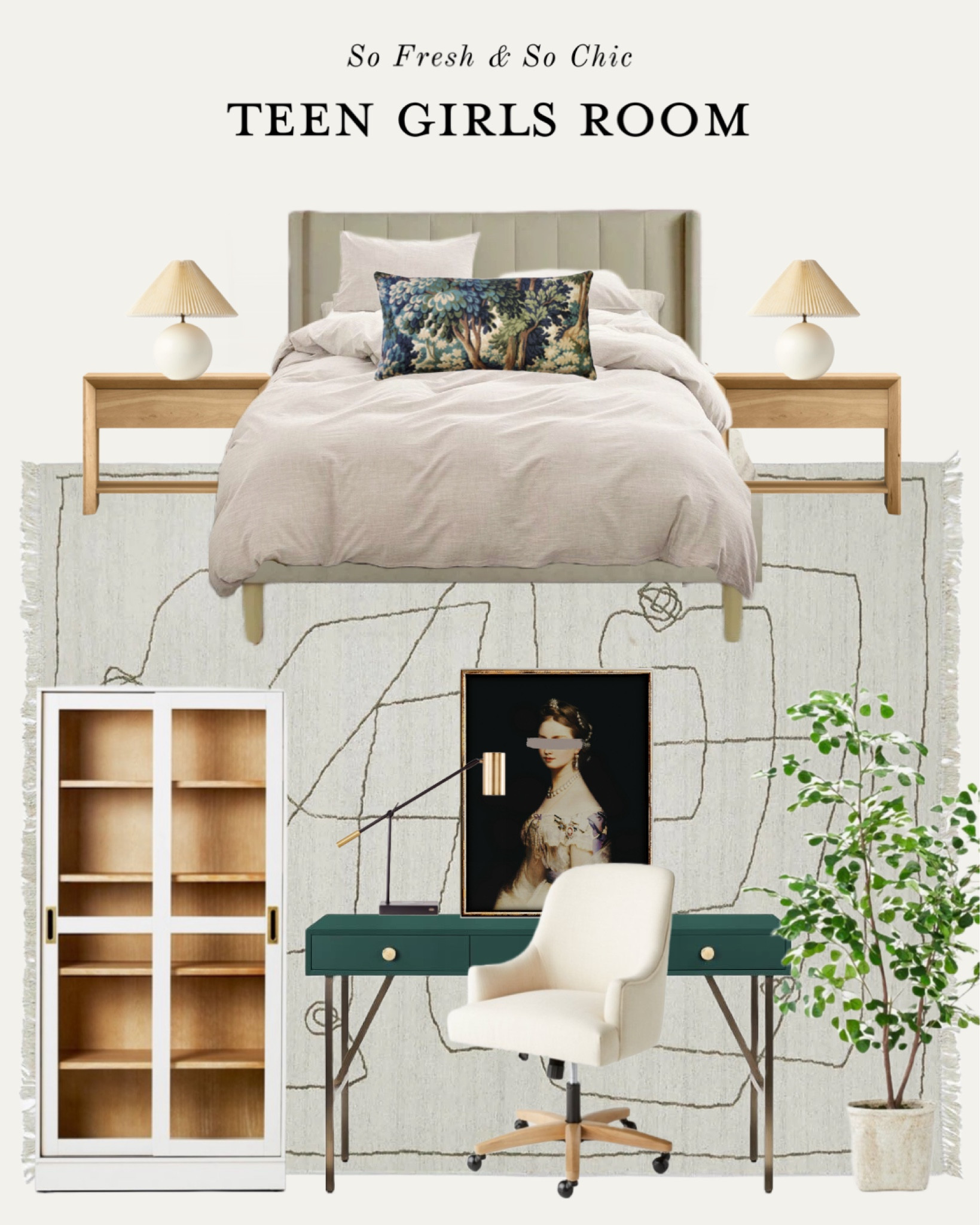 Teen girl bedroom Moodboard. The rug is 50% off!
-
Neutral teen girls bedroom - transitional bedroom decor - bedroom furniture sale - Lulu and Georgia rug by Sarah Sherman Samuel - rug sale - vintage art - vintage portrait - printable art - Etsy art - green desk - white cabinet with glass doors - light wood nightstand - black and brass task lamp - faux tree - affordable bedroom decor - home decor - white lamp with pleated shade - girls room Moodboard - neutral bedroom decor  

#LTKsalealert #LTKFind #LTKhome