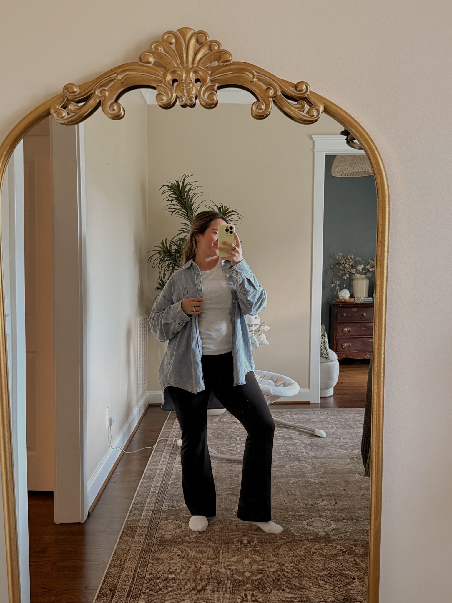 WFH ootd - favorite denim button up from @Aritzia is a medium; leggings are medium. Got this tank when I was pregnant but fits like a regular tank, it’s just not cropped

#LTKootd #LTKSaleAlert #LTKSeasonal