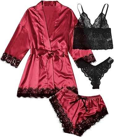 WDIRARA Women's 4 Pieces Satin Floral Lace Cami Top Lingerie Pajama Set with Robe | Amazon (US)