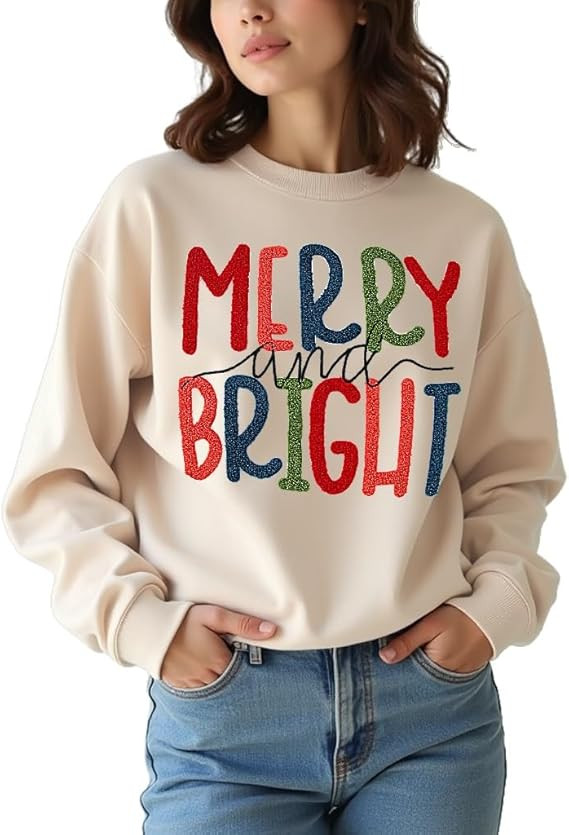 MODNTOGA Women's Merry and Bright Crewneck Sweatshirt Long Sleeve Merry Christmas Sweatshirt Retr... | Amazon (US)