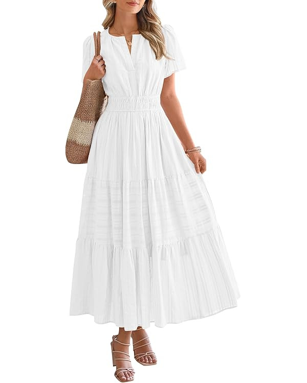 BTFBM Womens Summer 2026 Casual Midi Maxi Dresses Lightweight Short Sleeve V Neck Elastic Waist B... | Amazon (US)