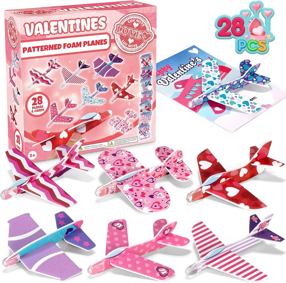 28 Pack Valentines Day Cards for Kids School with Foam Airplane Valentines Day Gifts for Kids Cla... | Amazon (US)