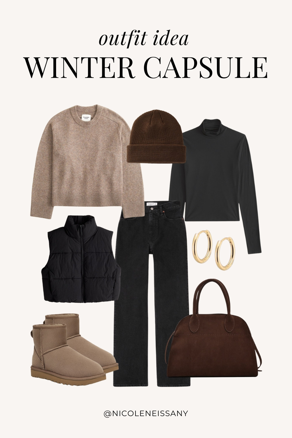 Winter Capsule Wardrobe Outfit Idea | winter capsule outfit, winter outfit, winter outfits, winter style, winter fashion, winter 2024 fashion, winter outfits 2024, winter trends 2024, winter outfit inspo, winter outfit inspiration, winter capsule wardrobe essentials, winter wardrobe essentials, winter closet essentials, winter essentials, winter basics, winter must haves, neutral capsule wardrobe, neutral outfit, neutral fashion, casual outfit, casual date night outfit, elevated casual outfit, brunch outfit, everyday outfit, errands outfit, lazy day outfit, Abercrombie, Abercrombie denim, Abercrombie jeans, Amazon Fashion, Revolve, Lulus, Nordstrom, H&M // winter vest, puffer vest, turtleneck top, ugg boots, uggs, black denim, black jeans, crewneck sweater, winter sweater, brown beanie, winter beanie, brown suede tote bag, suede bag, gold hoop earrings 

 #LTKSeasonal #LTKHome #LTKSaleAlert #LTKParties #LTKFindsUnder50 #LTKFindsUnder100 #LTKStyleTip #LTKTravel #LTKShoeCrush #LTKItBag