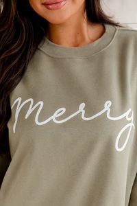 Merry Script Olive Oversized Graphic Sweatshirt | Pink Lily