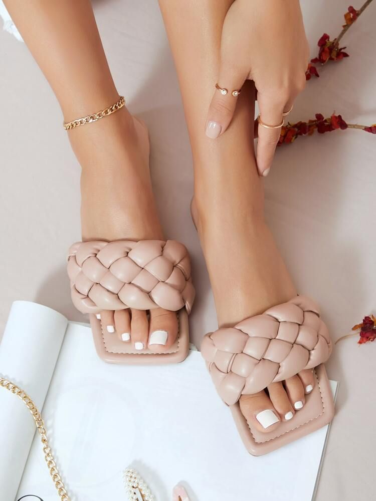 Vegan Leather Braided Strap Slide Sandals | SHEIN