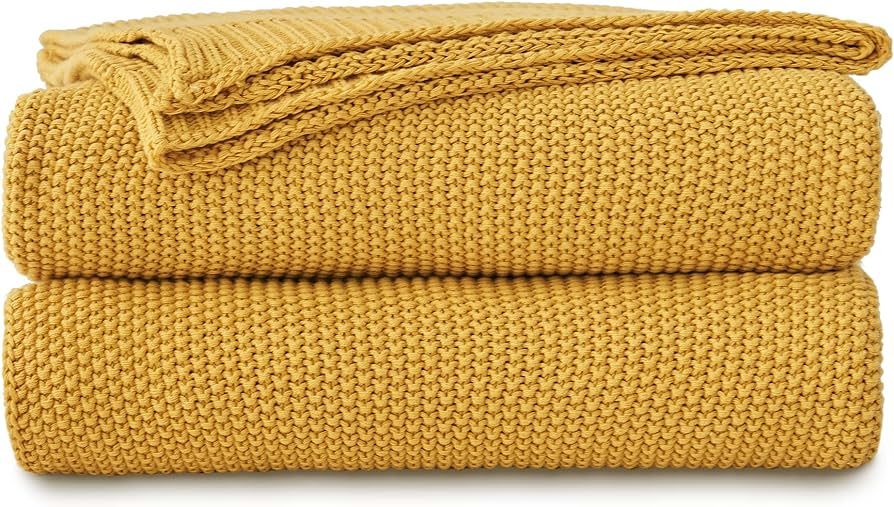 Longhui bedding Mustard Yellow Cotton Cable Knit Throw Blanket for Couch Sofa Bed, Home Decorativ... | Amazon (US)