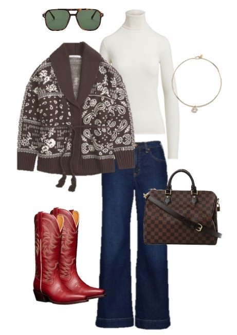 Western style outfit 
Casual outfit 
Bandana print sweater 
Boot cut jeans
Red cowboy boots 

#LTKSeasonal