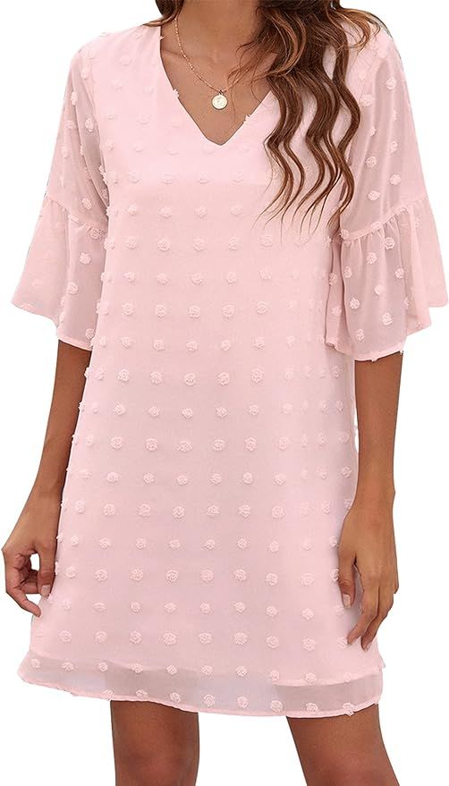 Blooming Jelly Womens White Dresses Short Sleeve V Neck Ruffle Cute Sun Dress Chiffon Flowy Shift... | Amazon (US)