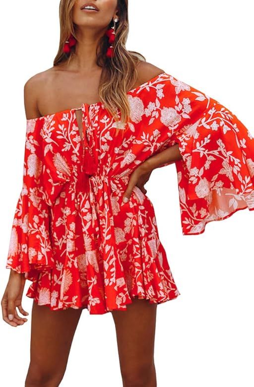 GAMISOTE Womens Off Shoulder Mini Dress Bell Sleeves Boho Floral Print Short Sundress | Amazon (US)